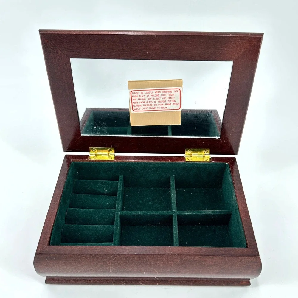 Vintage Floral Tapestry Wooden Jewelry Box Green‎ Velvet Lining Mirror Ring Roll